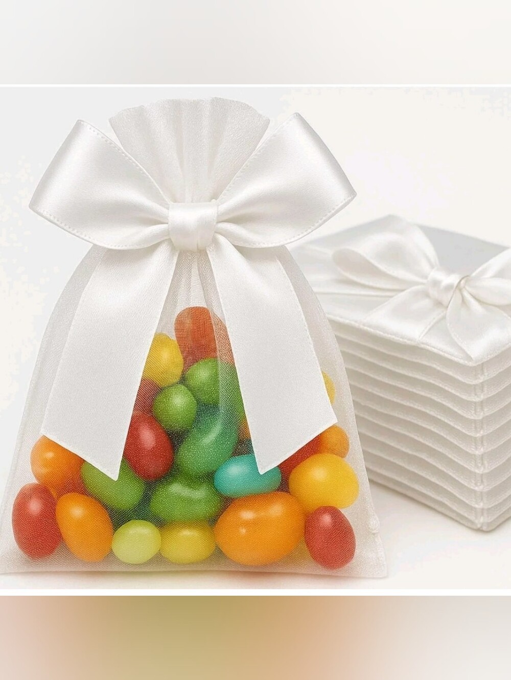 50 Pcs White Sheer Organza Jewelry Gift Bags with Attached Bows 3.5"x4.72"